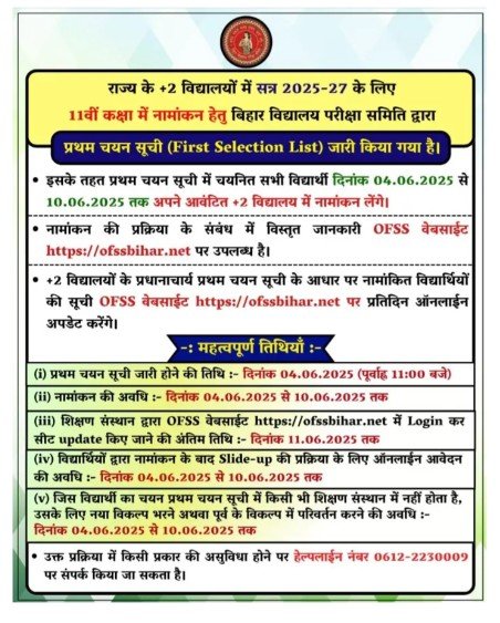 Bihar Board 11th Admission 1st Merit List Release 2025